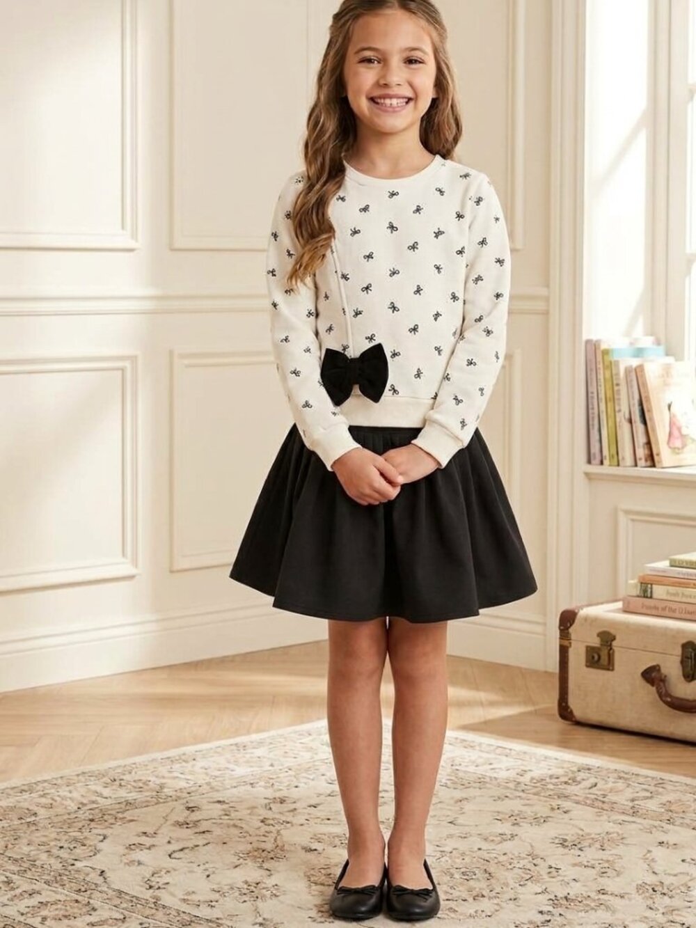 Taha & Justice Girls Cream Bow Sweater & Black Skirt Set